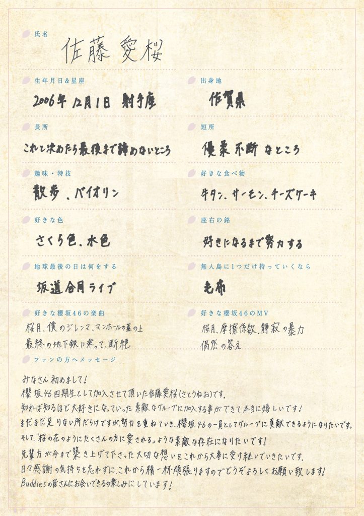 櫻坂46四期生、佐藤愛桜の手書きプロフィール
